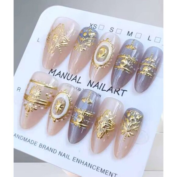 Handmade Press On Nails Gel Almond Blue Baroque Trendy Star Moon Celestial Mediu - Picture 3 of 4